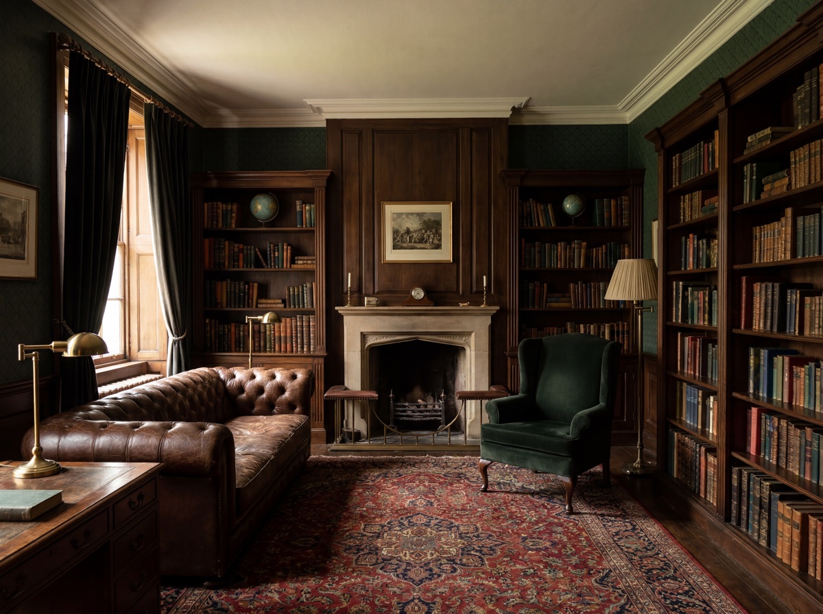 Dark academia dark foundation: hunter green removable wallpaper on accent wall, floor-to-ceiling dark velvet curtains in forest green, Persian-style vintage look area rug in warm earthy tones