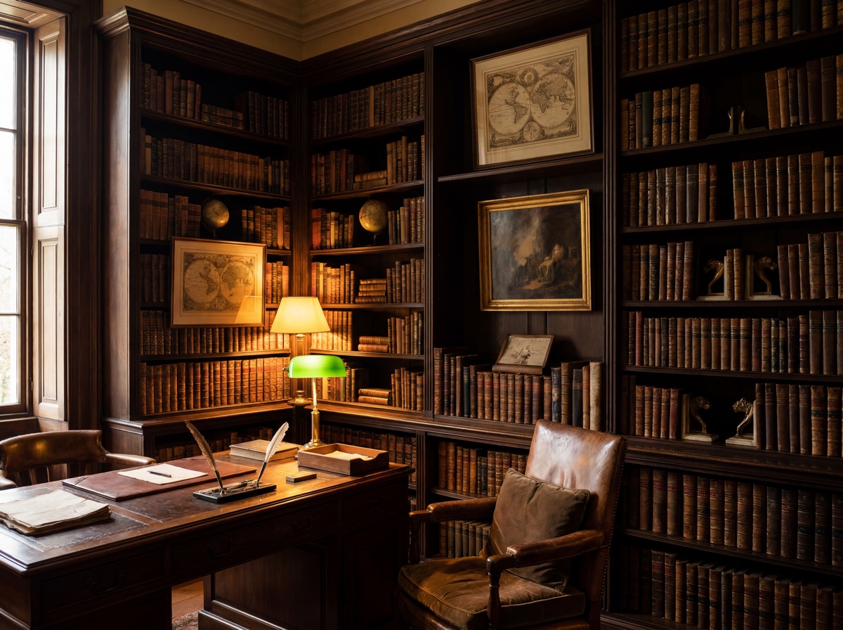 Dark academia bookshelf architecture: floor-to-ceiling bookshelves filled with dark-spined books, brass bookends, framed vintage maps and prints integrated between books, warm amber light from desk lamp