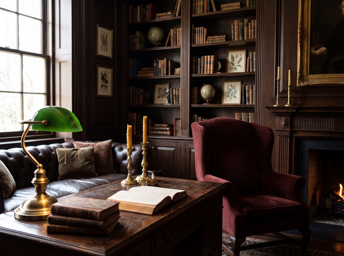 Dark academia brass and velvet layer: brass banker's lamp with green glass shade on dark wood desk, oxblood velvet accent chair beside bookshelf, brass candlestick holders with beeswax taper candles