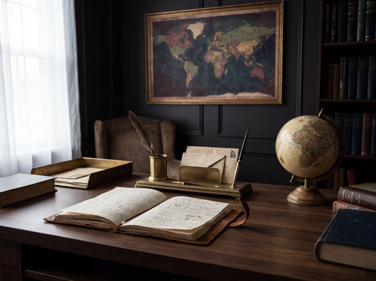 Dark academia scholar's objects: vintage world map framed on wall, leather-bound journal open on dark wood desk, brass desk accessories set with pen holder and letter tray, small antique globe