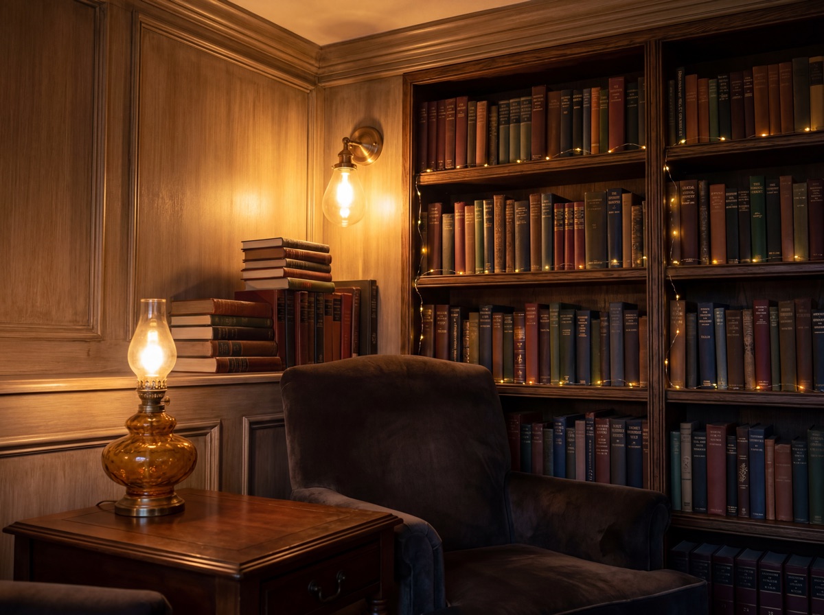 Dark academia lighting atmosphere: warm amber 2200K Edison bulb glow in dark room, brass plug-in wall sconce beside bookshelves, amber glass base table lamp on side table, golden string lights woven through book spines