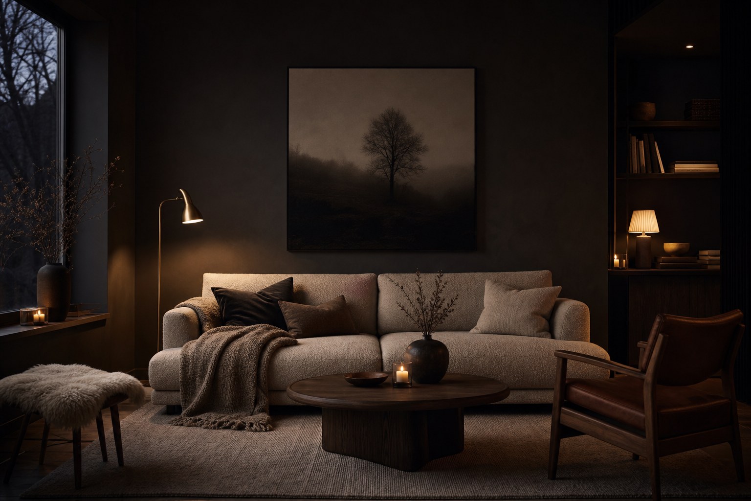 Cozy Nordic Noir living corner at dusk with charcoal walls, a low oat-wool sofa, smoked-oak floor, and several small warm lamps