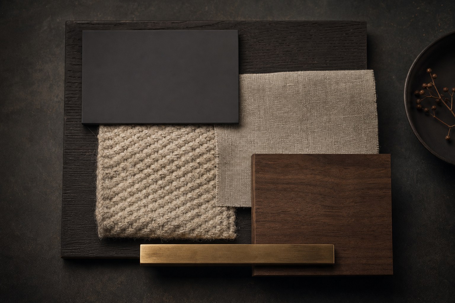 Flat-lay palette of Nordic Noir swatches: charcoal paint chip, oat wool, greige linen, smoked-walnut sample, and a brass bar