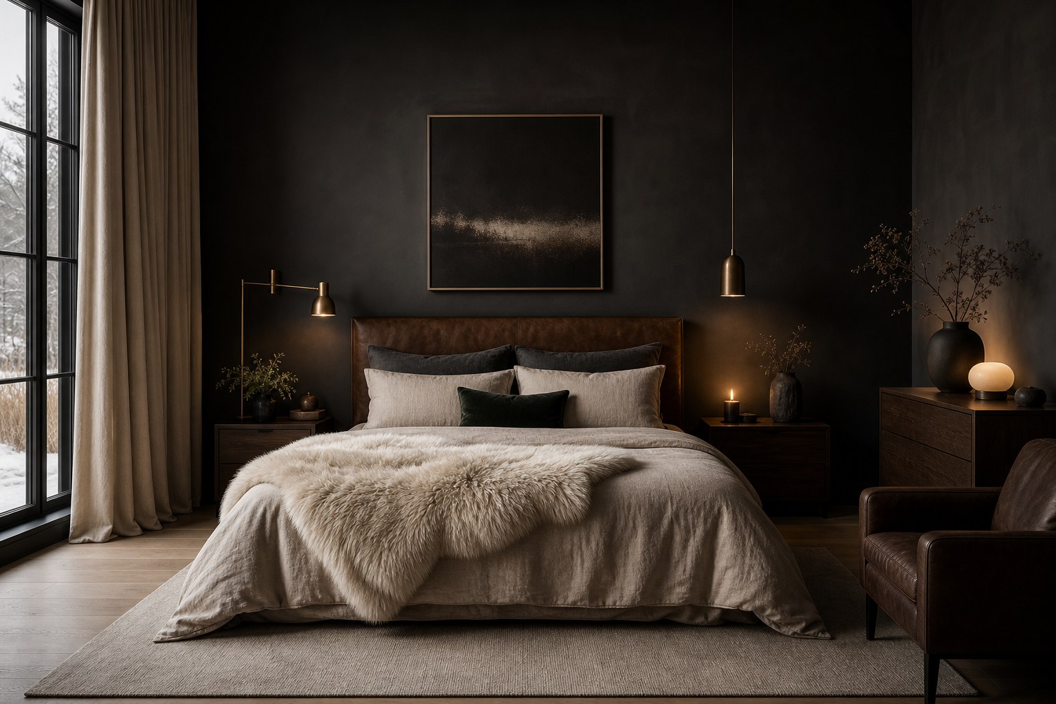 Nordic Noir bedroom showing the balance rule: charcoal feature wall, oat bedding and drapes, light-toned wood floor, and a sheepskin throw