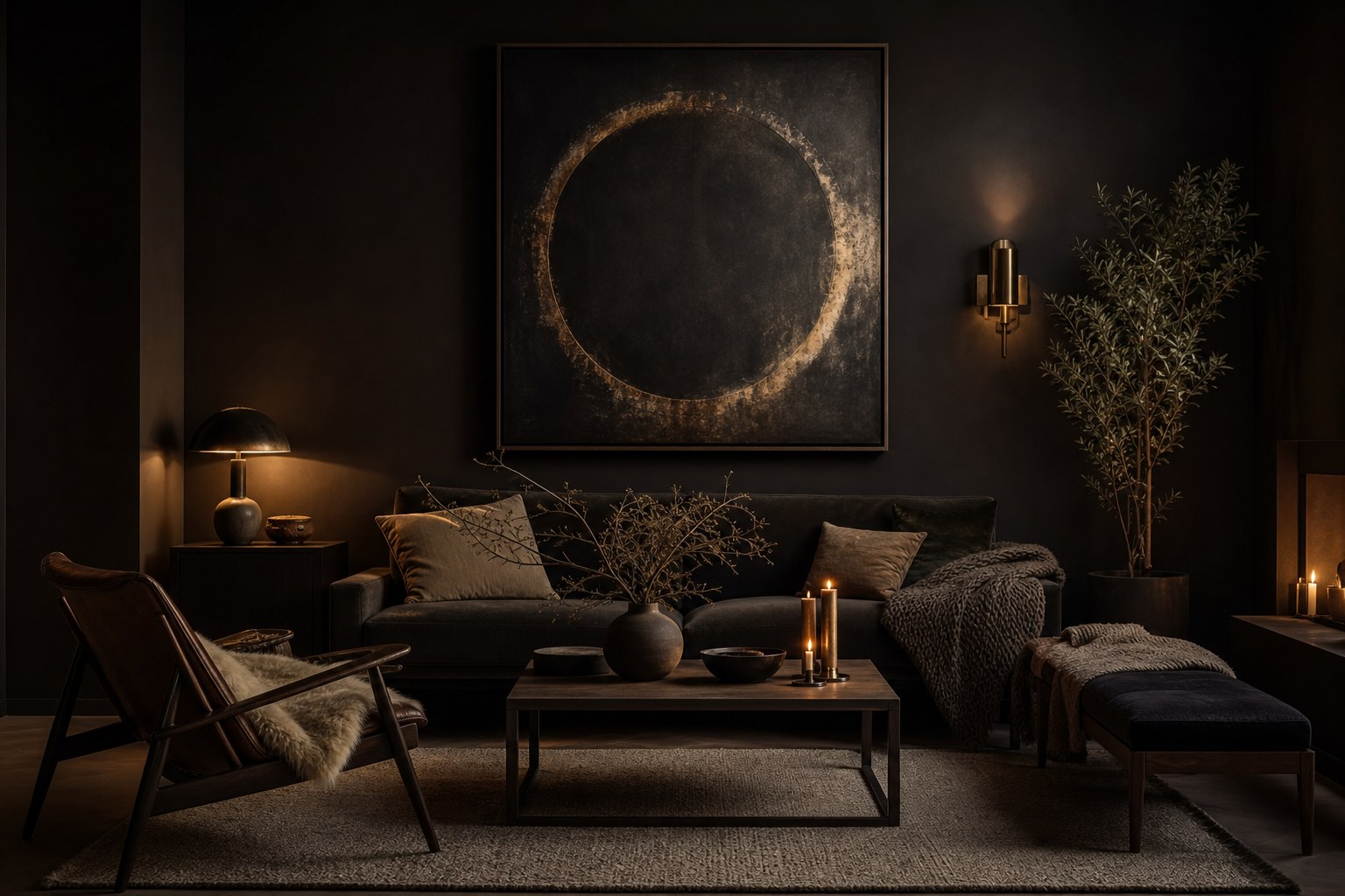 Evening Nordic Noir room lit only by table lamps, a brass sconce, and candles pooling warm light against dark walls