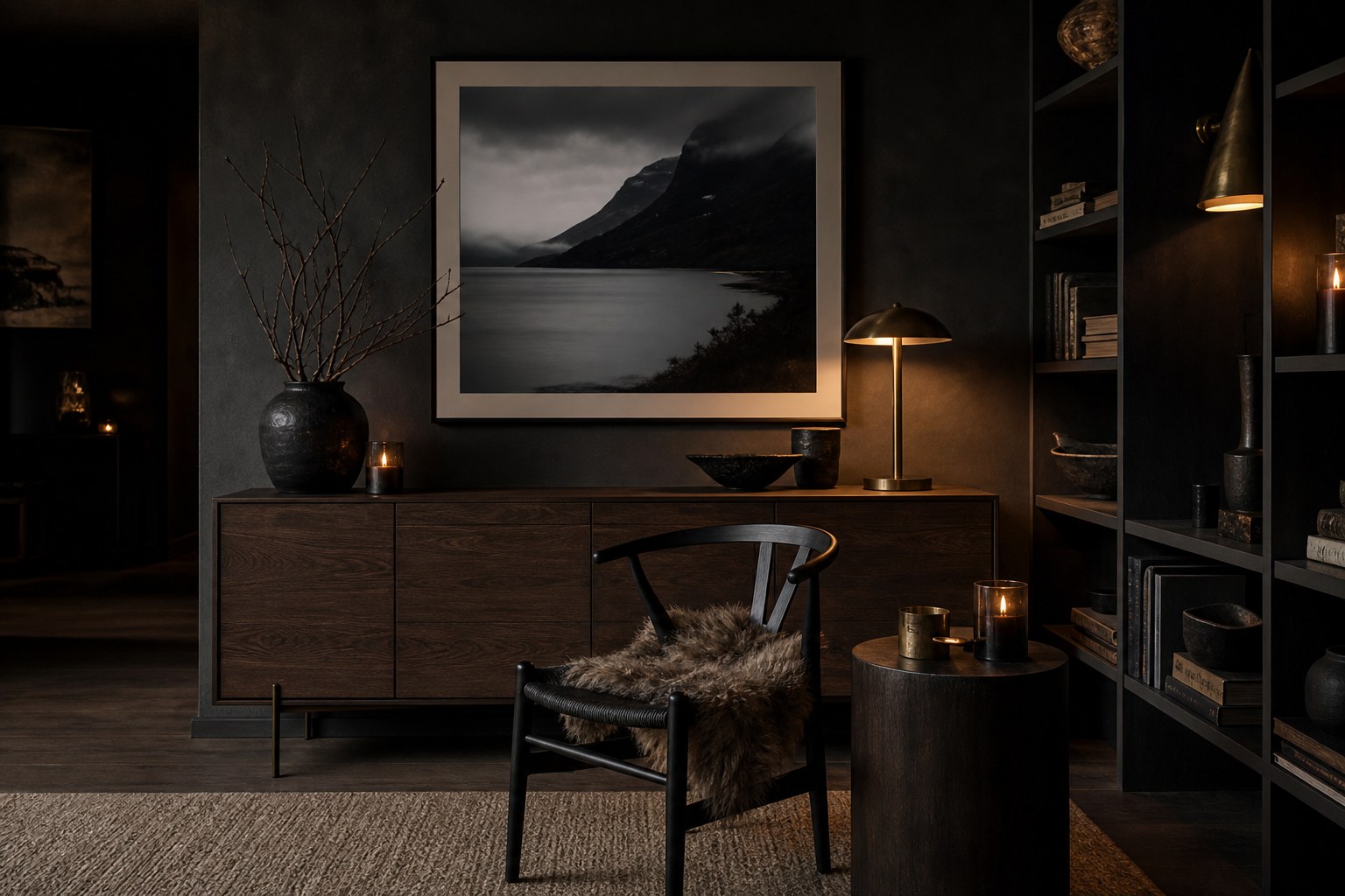 Black-stained Wishbone-style chair beside a smoked-oak sideboard and black modular shelving against a charcoal wall