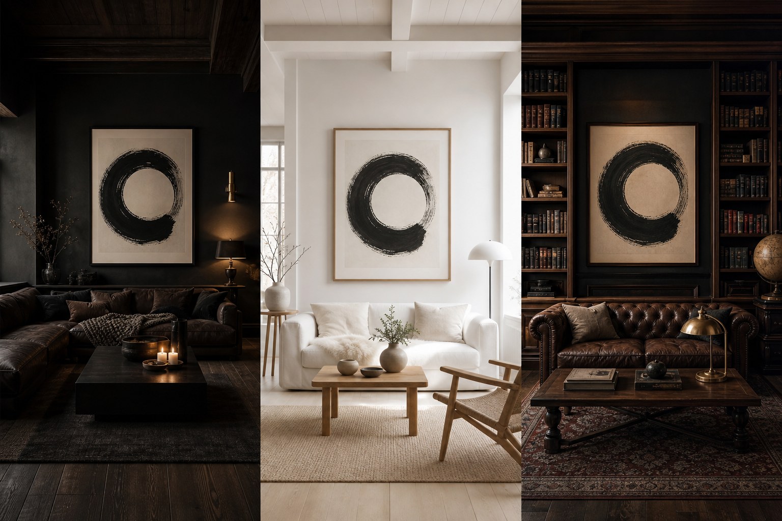 Side-by-side comparison of a moody Nordic Noir room, an airy classic Scandinavian room, and a book-filled Dark Academia room