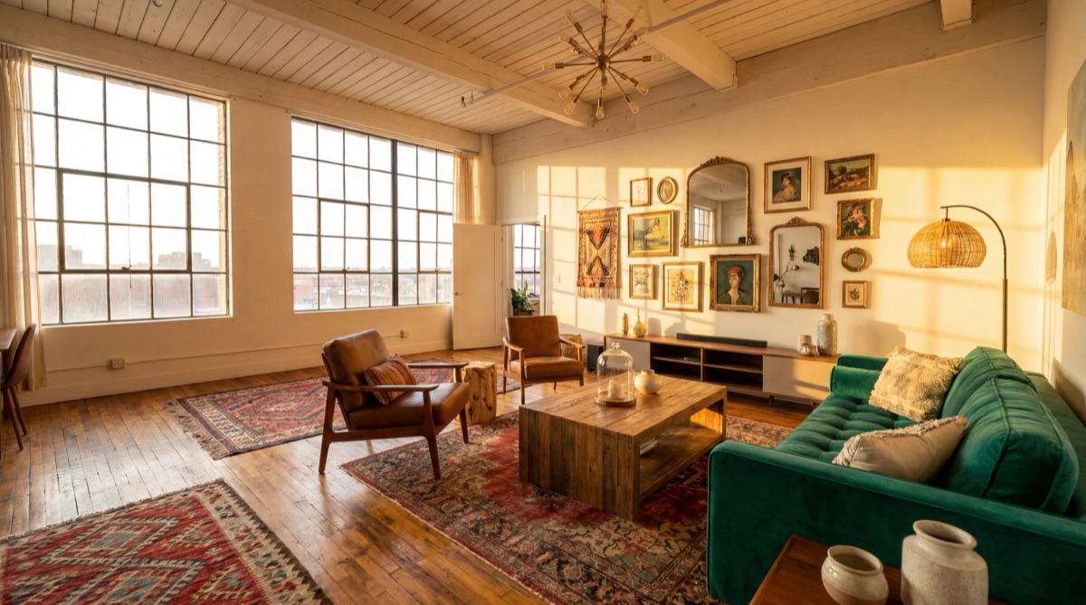 Eclectic living room mixing styles with neutral anchor chair, gallery wall, global textile rug, mixed-era lamp, and unexpected ceramic object