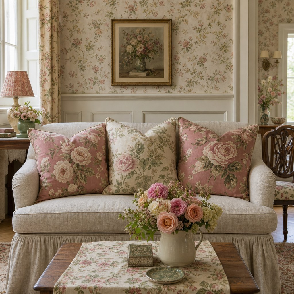 English cottage floral chintz upholstery layer: overscale garden floral print throw pillow covers in dusty rose, sage green, and cream on linen sofa, chintz table runner with climbing rose pattern, single floral chintz seat cushion on wooden dining chair