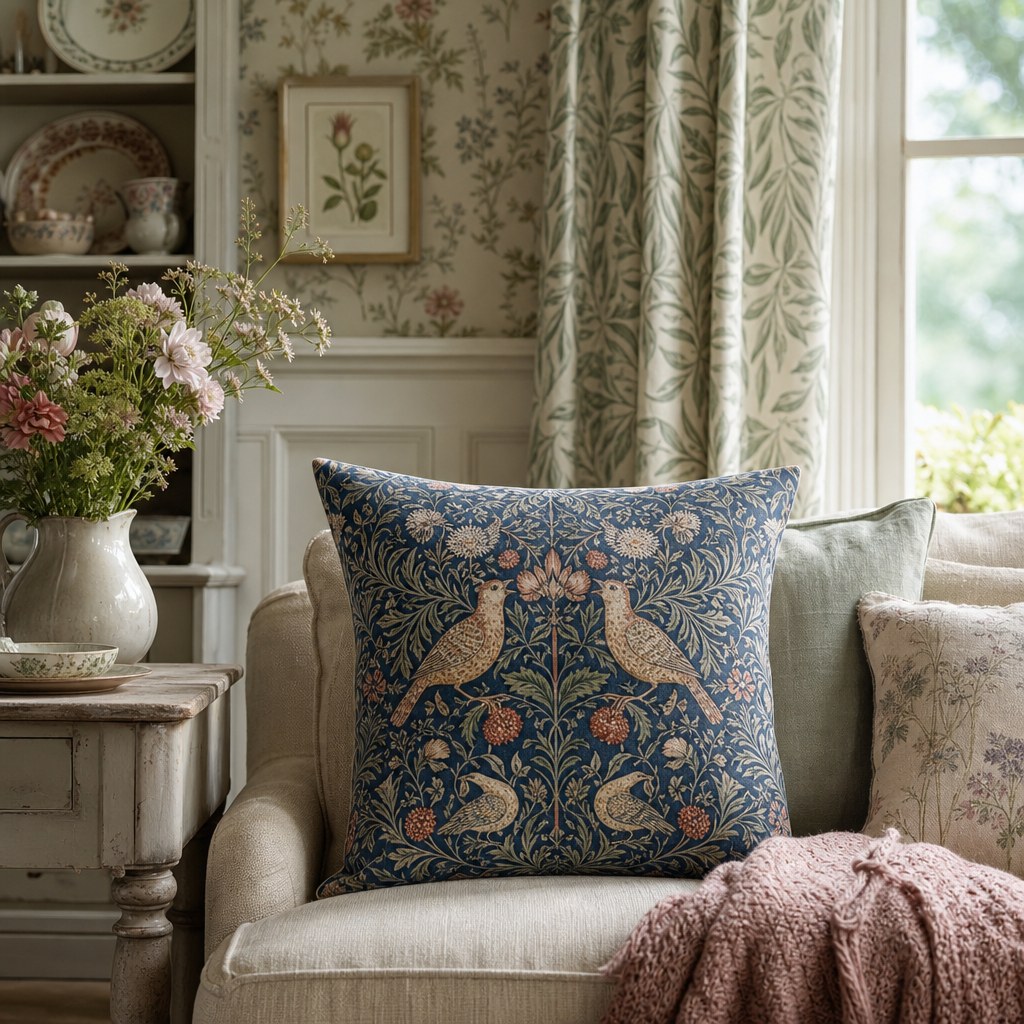 English cottage William Morris textile layer: Strawberry Thief print cushion cover in indigo and terracotta on linen sofa, William Morris botanical tea towel with wildflower illustration, Morris-inspired curtain panel with willow bough pattern in sage and cream at window