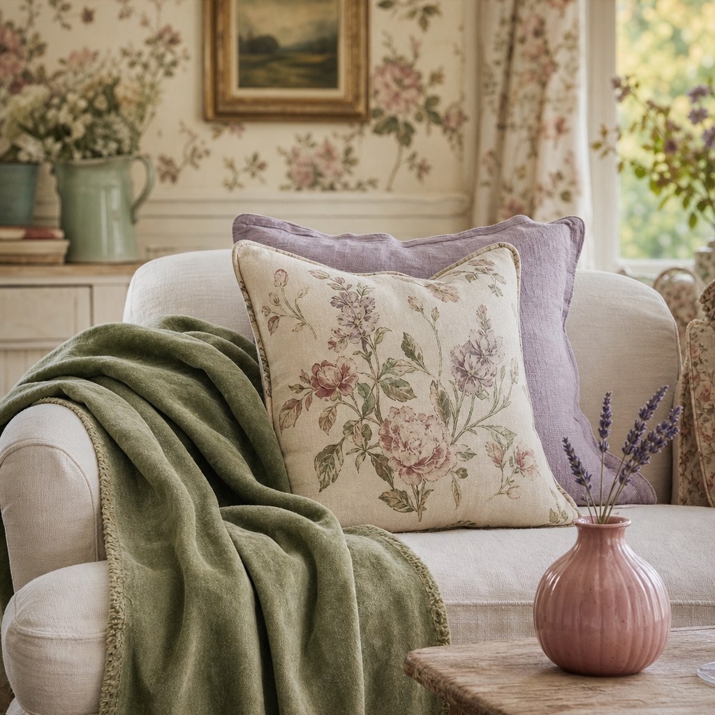 English cottage garden color palette: sage green velvet throw draped over cream linen sofa, dusty rose ceramic bud vase with dried lavender stem, botanical print cushion cover in cream and faded florals, soft lavender linen cushion, all in a room with aged cream walls