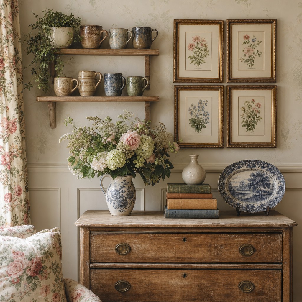 English cottage curated collection anchor: mismatched hand-thrown pottery mugs in earthy glazes on open wooden shelf, stack of books with horizontal arrangement topped with a small ceramic vase, set of framed botanical prints in gilt frames on cream wall, single piece of blue and white transferware on wooden dresser top