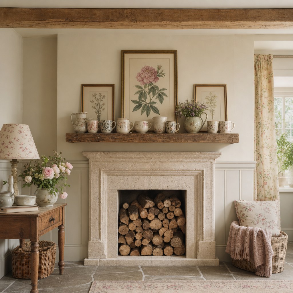 English cottage exposed natural surfaces: reclaimed oak floating shelf mounted on cream wall displaying collection of pottery mugs and botanical prints, lightweight faux ceiling beam in aged oak tone, stone-effect fireplace surround with logs stacked in hearth opening, flagstone-pattern floor tiles in grey-brown stone tones