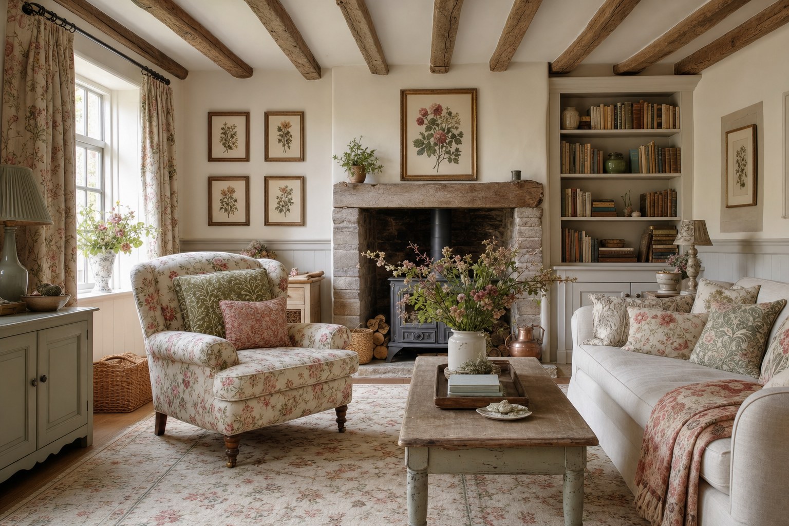 English cottage interior design living room with floral chintz upholstered armchair, William Morris print cushions in sage green and dusty rose, exposed oak beams on ceiling, stone fireplace, open bookshelves, and botanical prints in aged frames on cream walls