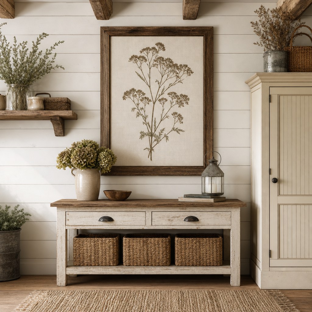 Farmhouse shiplap texture layer: white horizontal shiplap accent wall with reclaimed wood floating shelf, whitewashed wood console table with woven basket storage, beadboard storage cabinet in cream finish, natural shadow lines between planks