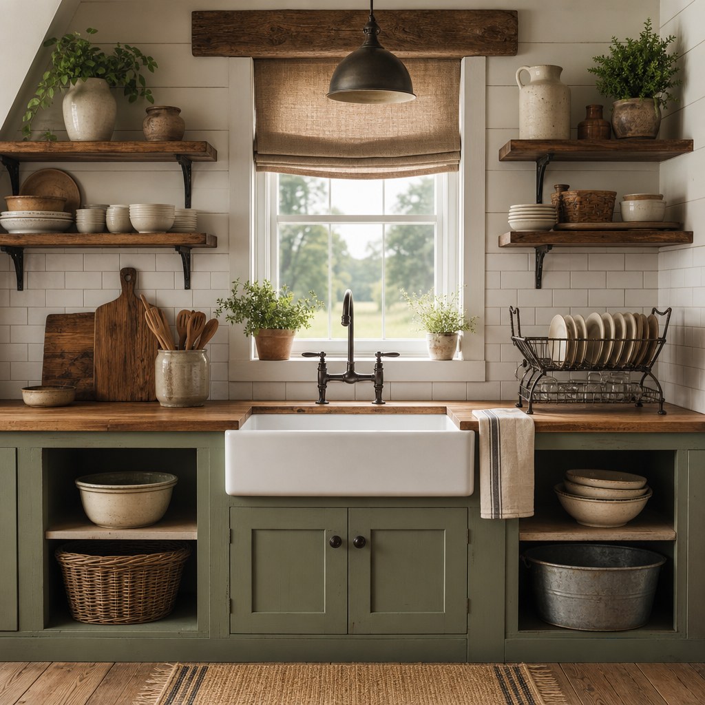 Farmhouse kitchen apron sink moment: white apron-front porcelain sink with oil-rubbed bronze bridge faucet, thick butcher block wood countertop, open shaker cabinets in sage green, white subway tile backsplash, vintage-style dish rack