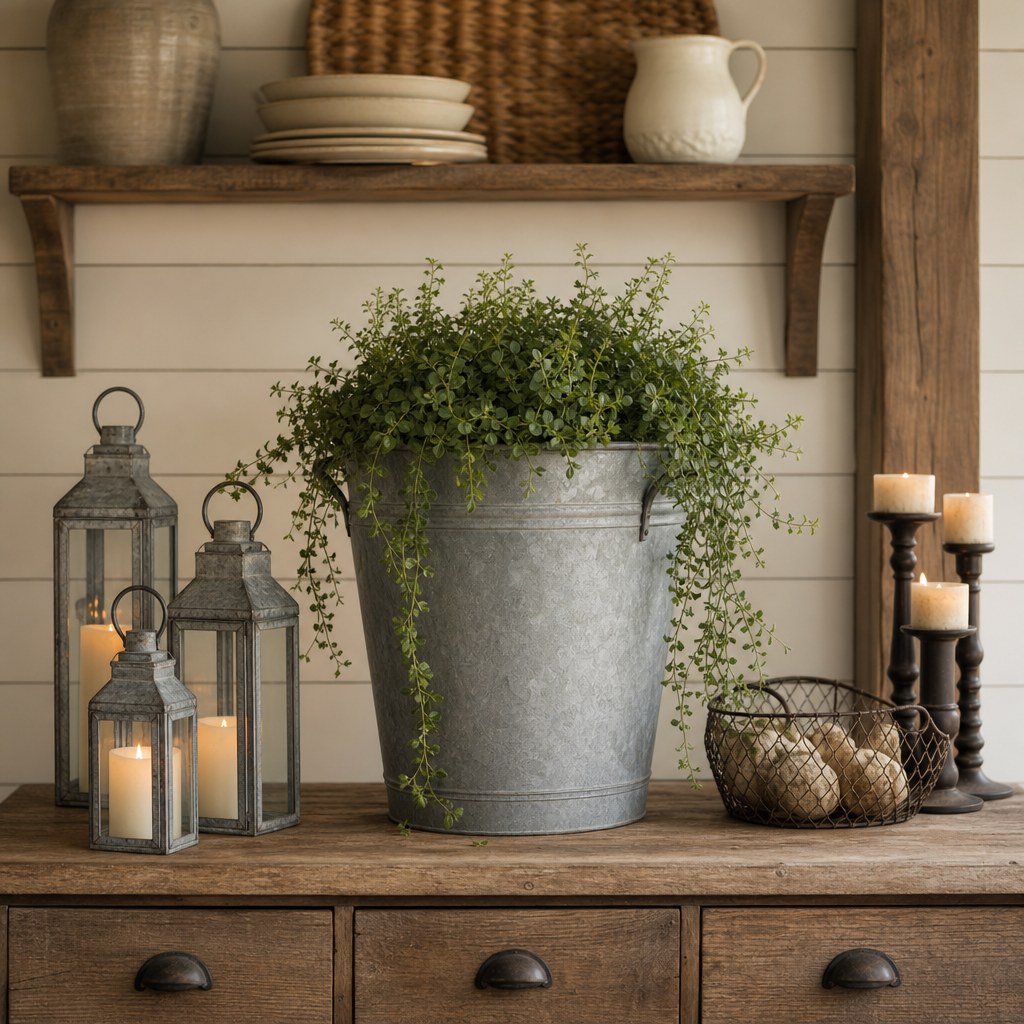 Farmhouse galvanized metal accents: large galvanized steel bucket planter with trailing greenery, set of three galvanized lantern candle holders, wire mesh produce basket, wrought iron black candle holder grouping on reclaimed wood surface