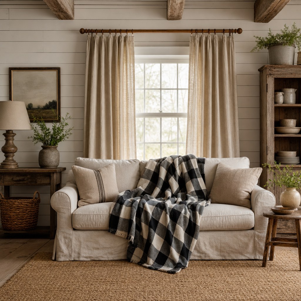 Farmhouse linen and burlap textile layer: natural undyed linen curtain panels on wooden rod, woven jute area rug in warm beige tones, cream and black buffalo check cotton throw blanket draped over linen slipcovered sofa