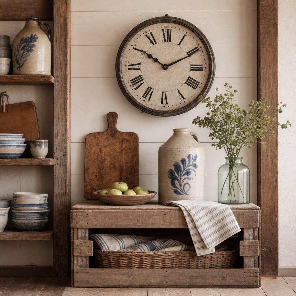 Farmhouse vintage objects layer: cream and blue stoneware crock jug on open wood shelf, worn wooden cutting board with aged patina and knife marks, weathered wooden produce crate used as side table storage, antique iron wall clock with roman numerals