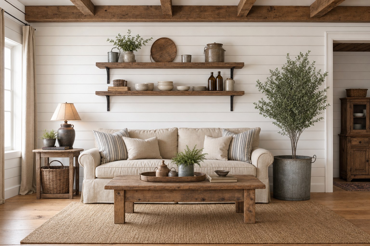 Farmhouse interior design living room with white shiplap accent wall, natural linen sofa, jute area rug, galvanized metal planter, reclaimed wood coffee table, and vintage objects on open shelving