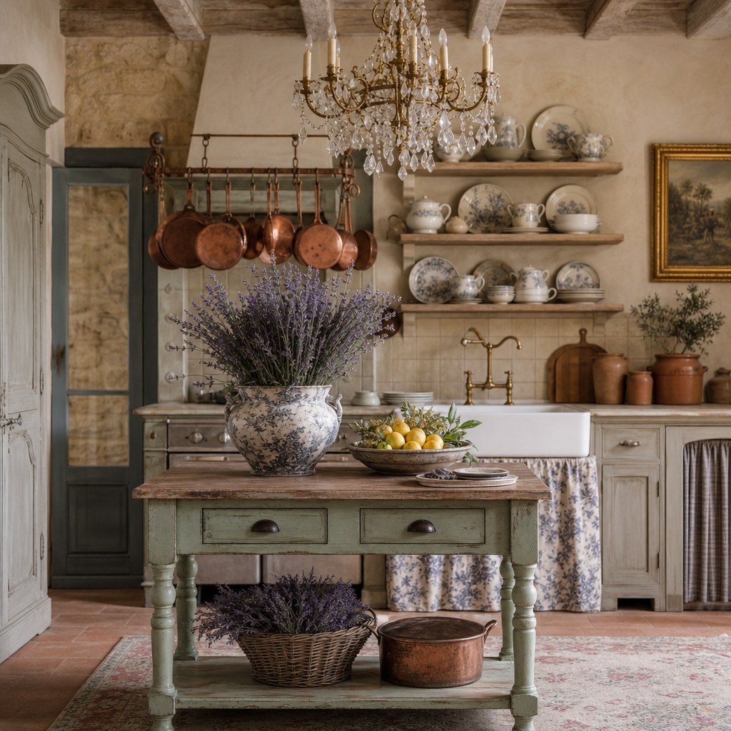 French country kitchen foundation: open wood shelving with mismatched ceramic dishes, copper hanging pot rack, farmhouse sink with bridge faucet, terracotta ceramic canisters