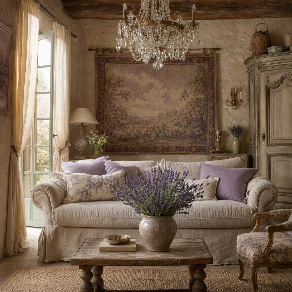 French country linen layer: natural flax linen slipcover sofa with relaxed wrinkled drape, unlined linen curtain panels filtering afternoon light in aged cream tones