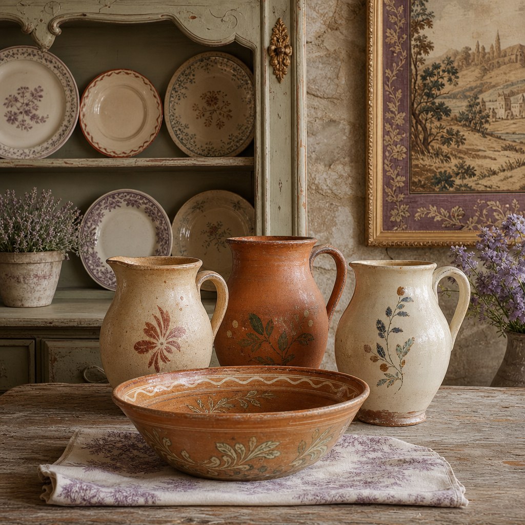 French country vintage ceramics: three mismatched earthenware pitchers in warm cream and terracotta glazes, hand-painted rustic dinner plates on open shelving, glazed terracotta serving bowl