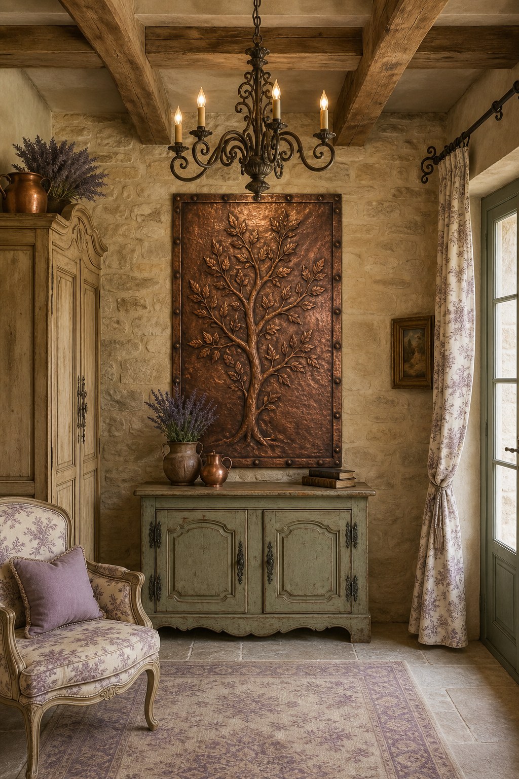 French country iron and copper: wrought iron 5-light rustic chandelier, hammered copper wall art panel, iron curtain rods with forged finials, cast iron cabinet hardware