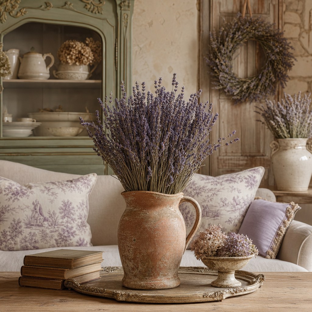 French country botanical finish: dried lavender bundles in aged terracotta pitcher, toile de Jouy pillow covers on linen sofa, dried rosemary and thyme wreath on aged wood, ceramic pitchers with dried florals