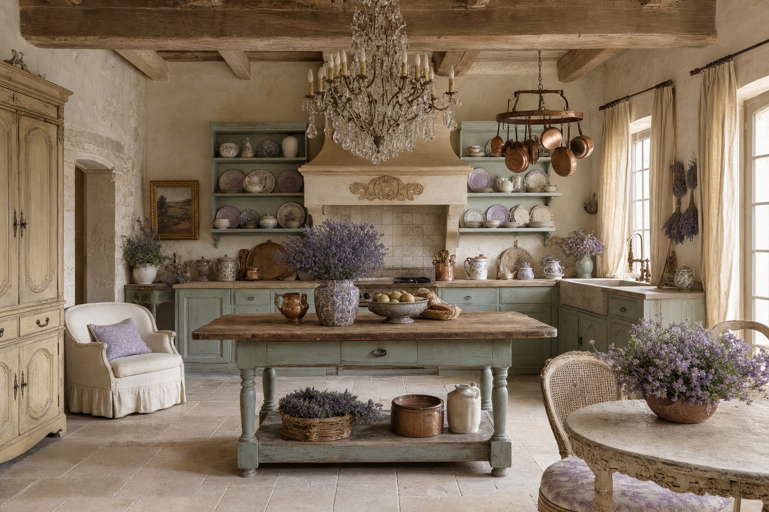 French country kitchen with open shelving displaying mismatched ceramic plates, copper pot rack, linen curtains in aged cream, dried lavender bundles hanging near farmhouse sink