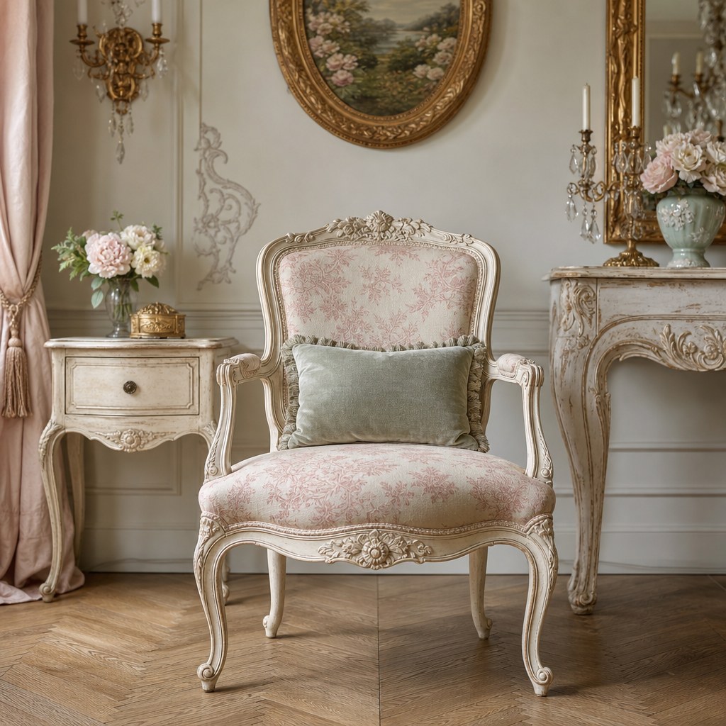 French Provincial carved wood furniture: cream-painted accent chair with cabriole legs and carved floral detail on back rail, carved wood bedside table with scroll-foot legs and single drawer, distressed white-finish carved console with acanthus leaf apron carving