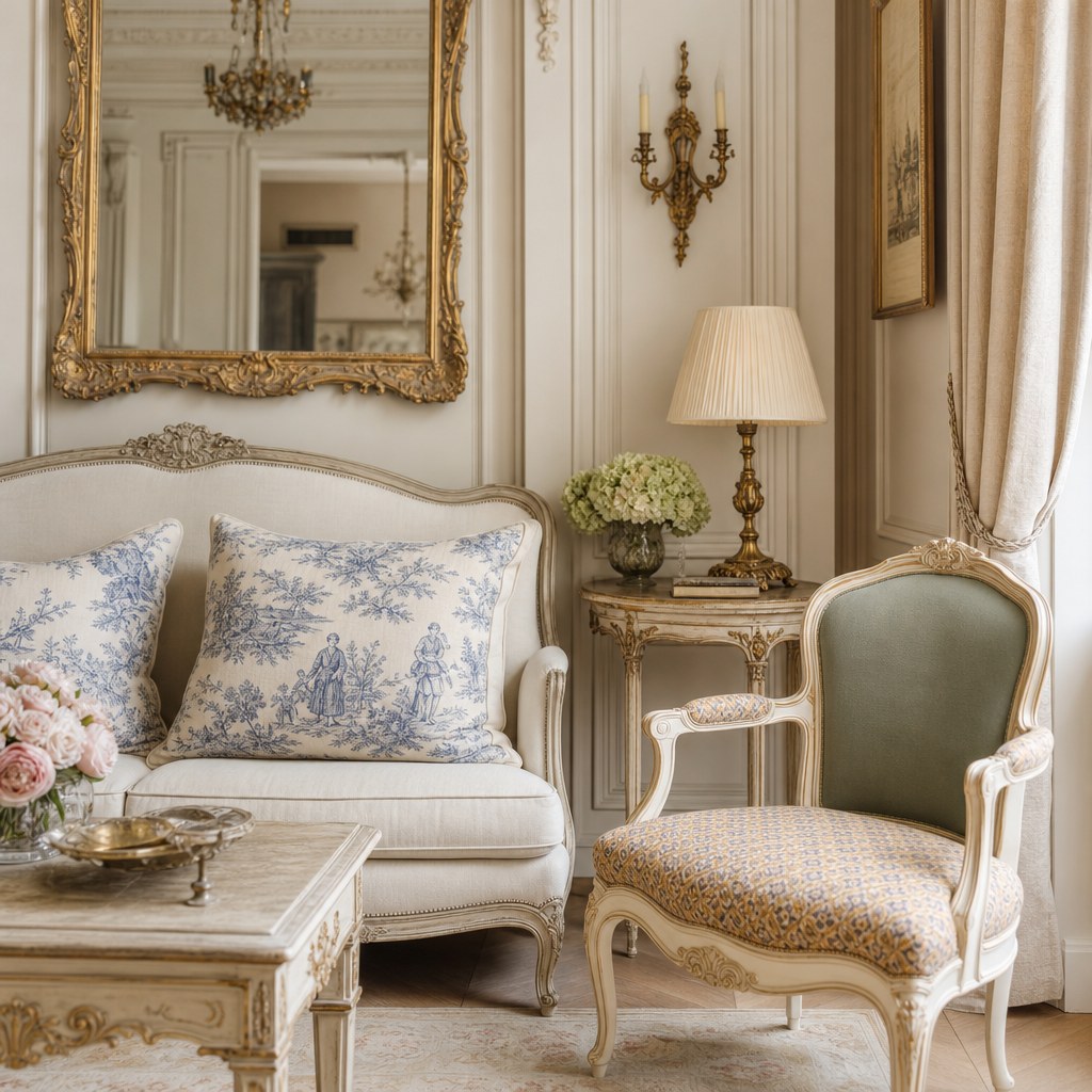 French Provincial toile and Provencal fabric: blue-on-cream toile de Jouy pillow covers with pastoral pastoral scene print on cream linen sofa, small-scale Provencal geometric print in dusty ochre and lavender on chair seat pad, natural linen curtain panel