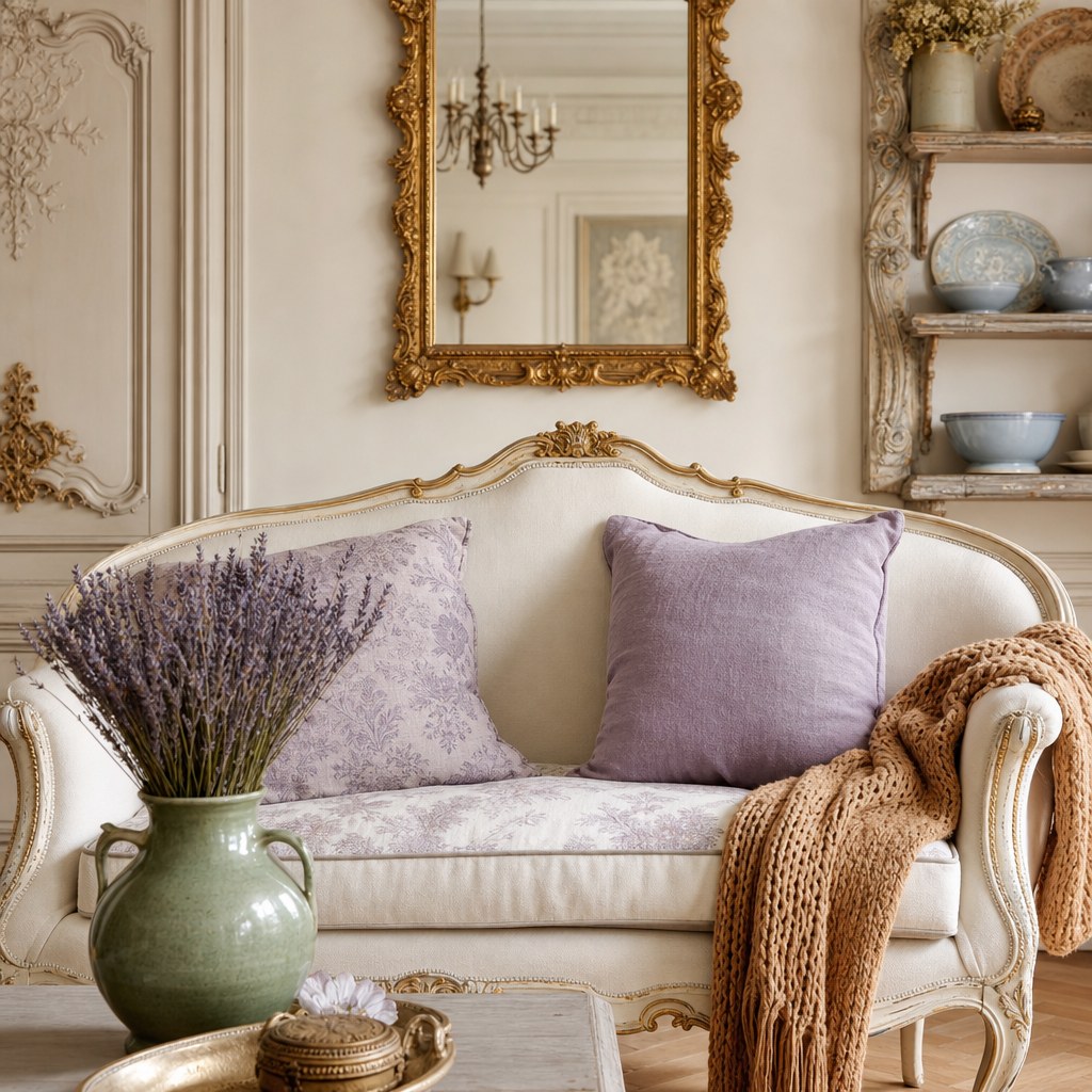 French Provincial Provencal palette: dusty lavender linen pillow covers on cream sofa, sage green ceramic vase with dried lavender stems, dusty ochre chunky knit throw, pale blue ceramic bowls on carved wood shelf against cream wall
