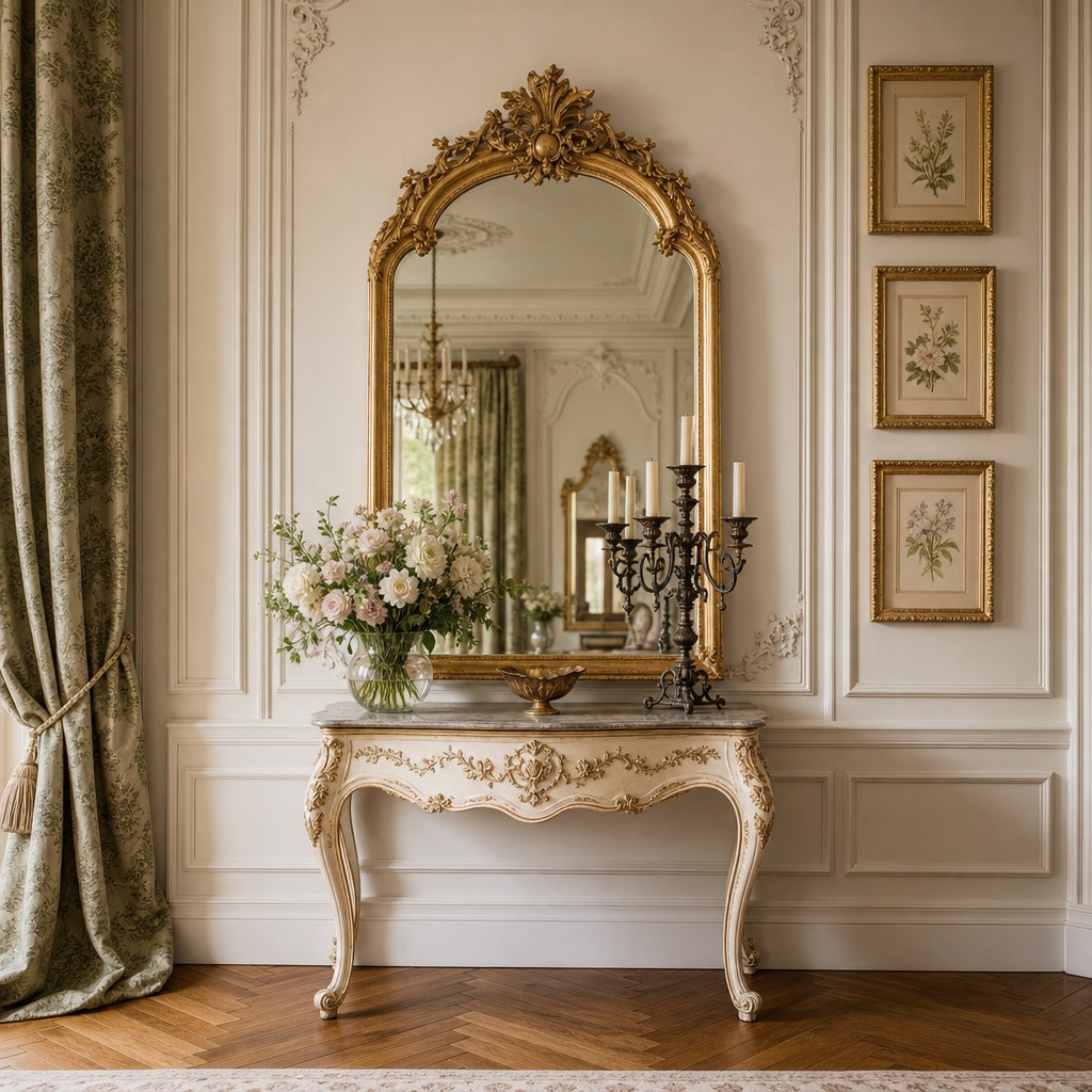 French Provincial antique mirrors and gilded frames: large ornate gilded arched mirror with carved gold-leaf frame above cream painted console, grouped gallery wall of three gilded picture frames with botanical prints in graduated sizes, aged wrought iron candelabra