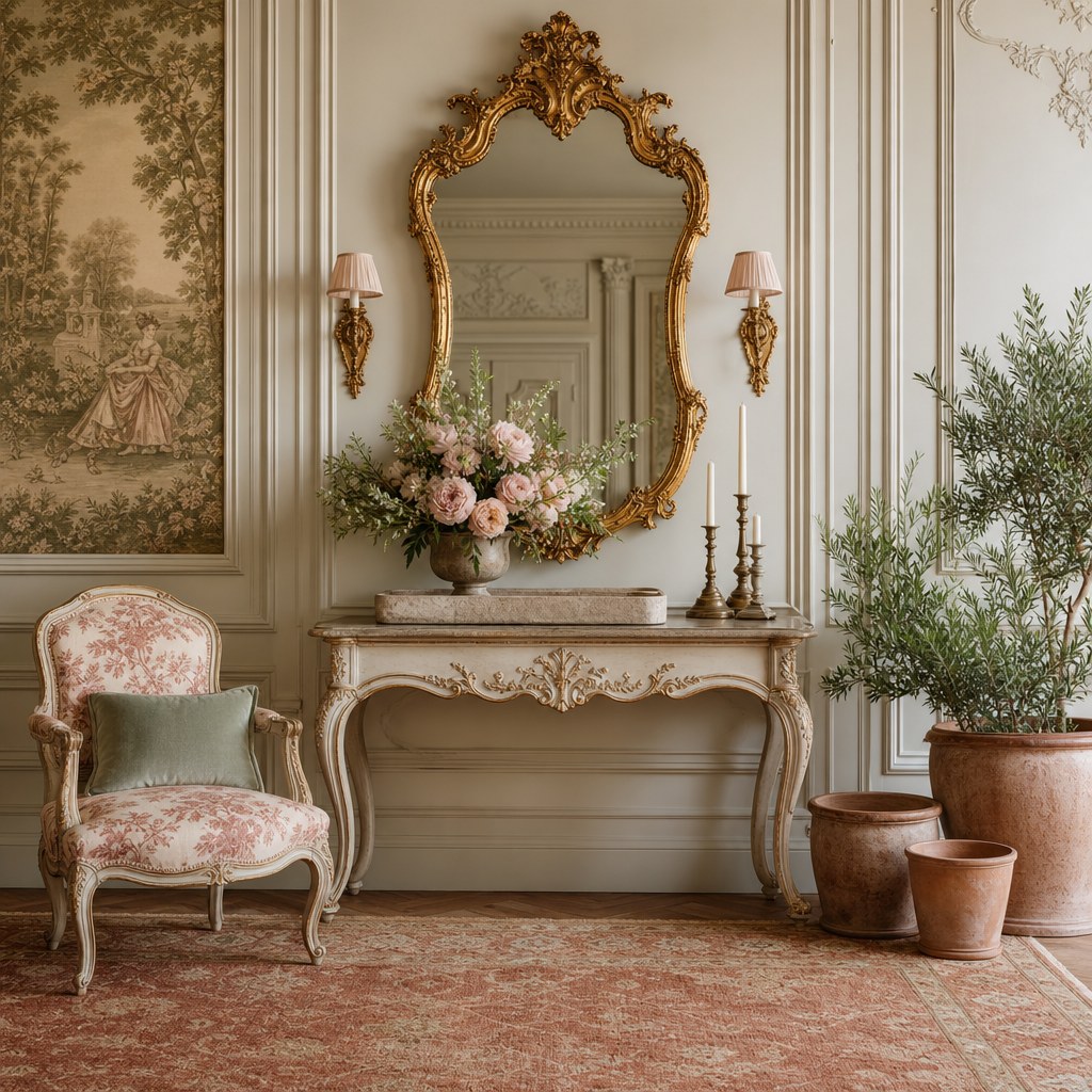 French Provincial terracotta and stone floor layer: large terracotta-toned jute area rug in warm rust and cream tones under carved wood furniture, unglazed terracotta plant pots in three graduated sizes in room corner, natural travertine stone tray on carved console
