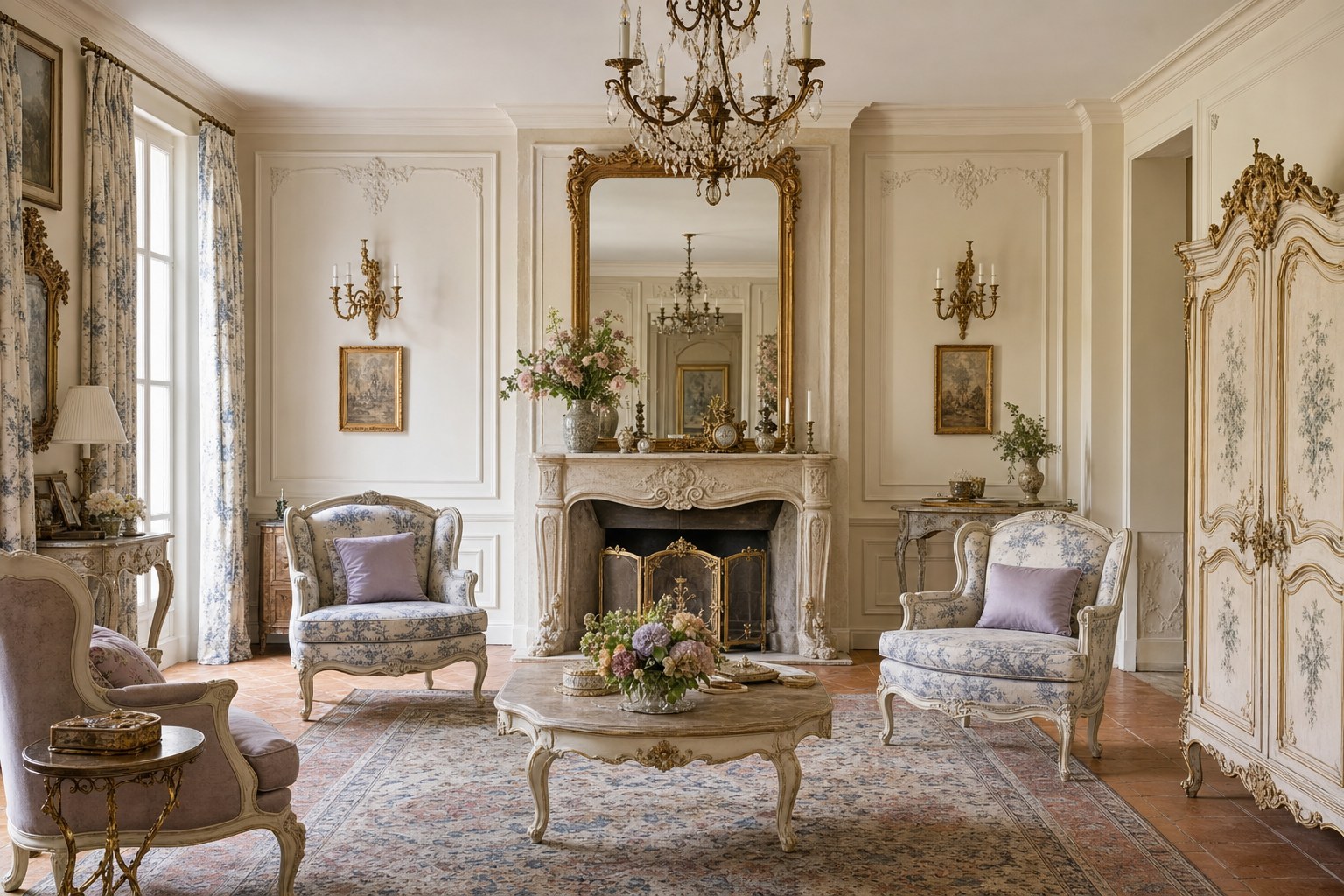 French Provincial living room with cream-painted carved wood armchair featuring cabriole legs, toile de Jouy pillow covers in blue and white pastoral scene, antique gilded mirror above stone fireplace, dusty lavender accent cushions, terracotta tile floor with vintage Persian rug