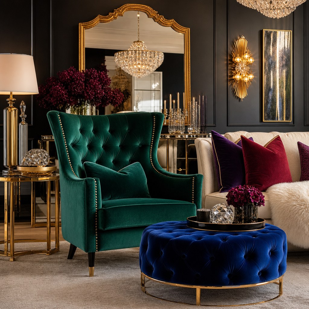 Glam interior velvet upholstery: emerald green velvet accent chair with tufted back beside button-tufted sapphire velvet ottoman, gold-framed mirror behind, jewel-tone velvet throw pillows in ruby and plum layered on neutral cream sofa
