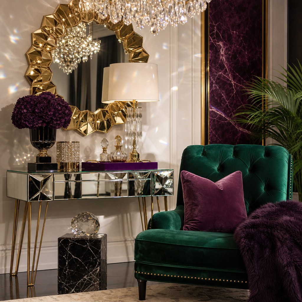 Glam mirrored surfaces: mirrored console table with gold hairpin legs reflecting chandelier light, oversized gold-framed decorative wall mirror beside jewel-tone velvet chair, prismatic reflections across cream walls and marble accessories