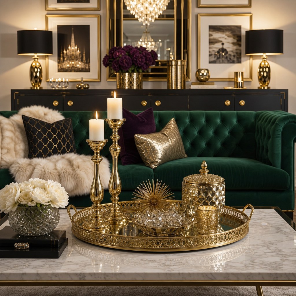 Glam metallic finishes: gold decorative tray on marble coffee table holding brass candleholders and gold accessories, gold-frame gallery pictures on cream wall, brass drawer pulls on lacquered cabinet, warm metallic glow across neutral room
