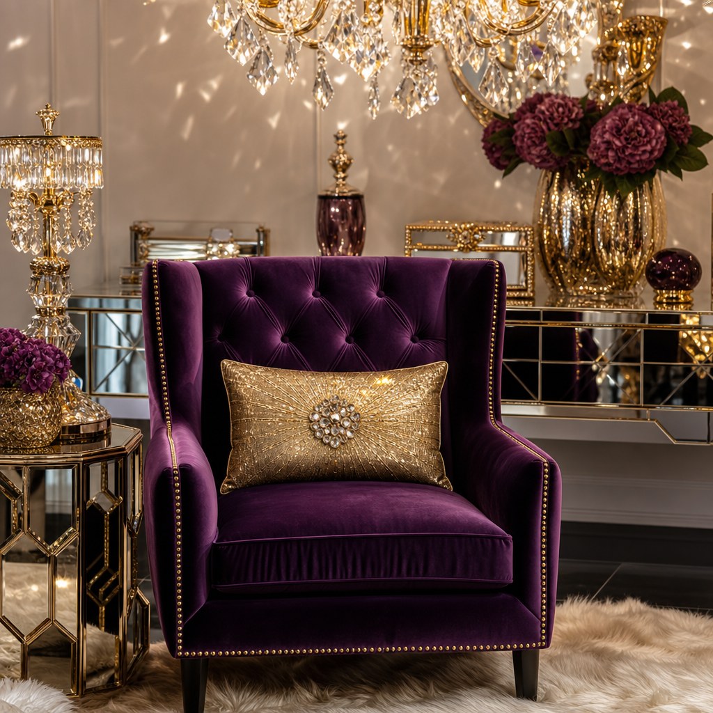 Glam statement lighting: crystal chandelier with gold-tone arms and prismatic crystal drops casting scattered light across cream walls and jewel-tone velvet furniture, reflections multiplied across nearby mirrored console and gold accessories