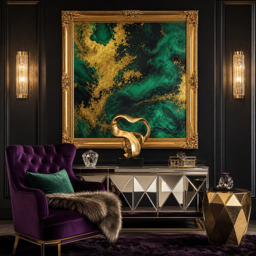 Glam statement art and sculpture: large jewel-tone abstract canvas print in emerald and gold tones in ornate gold gallery frame on dark accent wall, sculptural resin abstract form on mirrored console below, brass geometric object beside velvet chair
