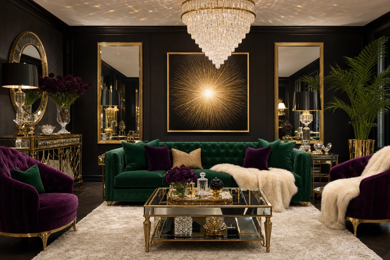 Glam interior design living room with emerald velvet sofa, mirrored console table with gold legs, crystal chandelier casting prismatic light, gold-framed art on dark wall, brass accessories on high-gloss side tables