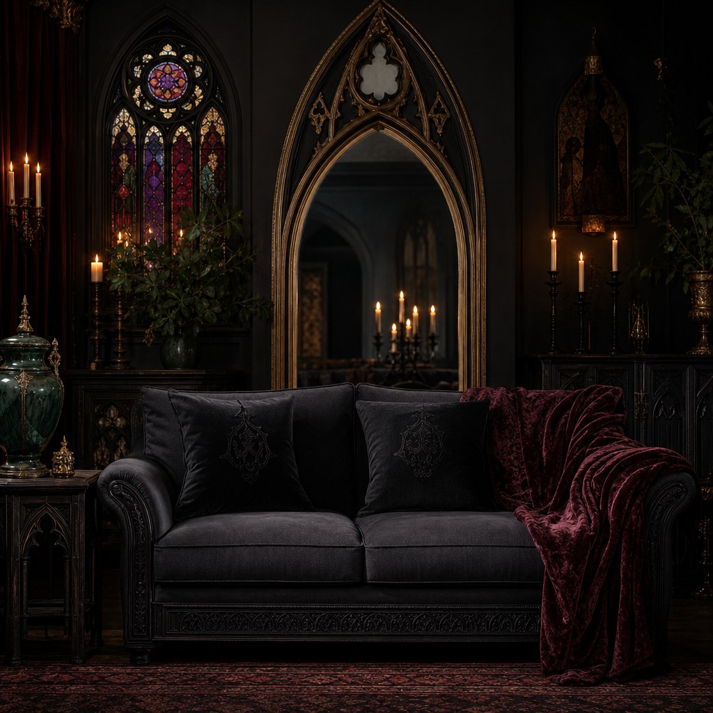 Gothic interior design dark moody color palette: matte black throw pillow covers on deep charcoal sofa, deep burgundy velvet blanket draped over arm, emerald green ceramic vessel on dark wood side table with gold accents