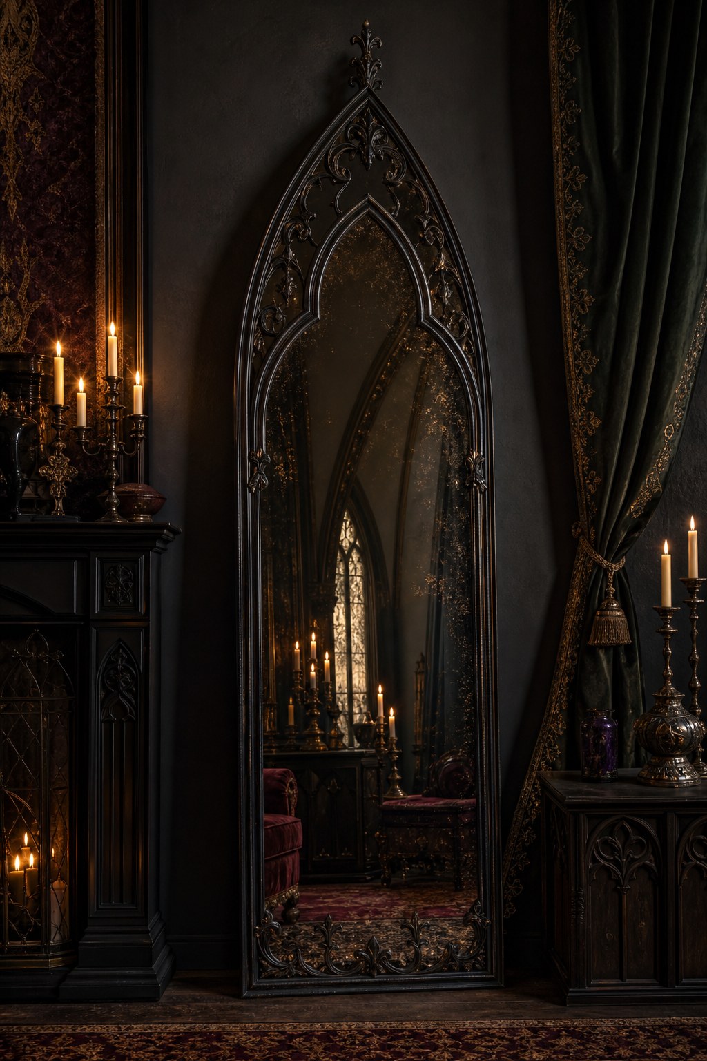 Gothic interior design arched mirror: tall 65-inch arched mirror with ornate dark iron frame leaning against deep charcoal wall, reflecting warm candlelight and casting dramatic shadow, mercury glass finish with slight aged distortion