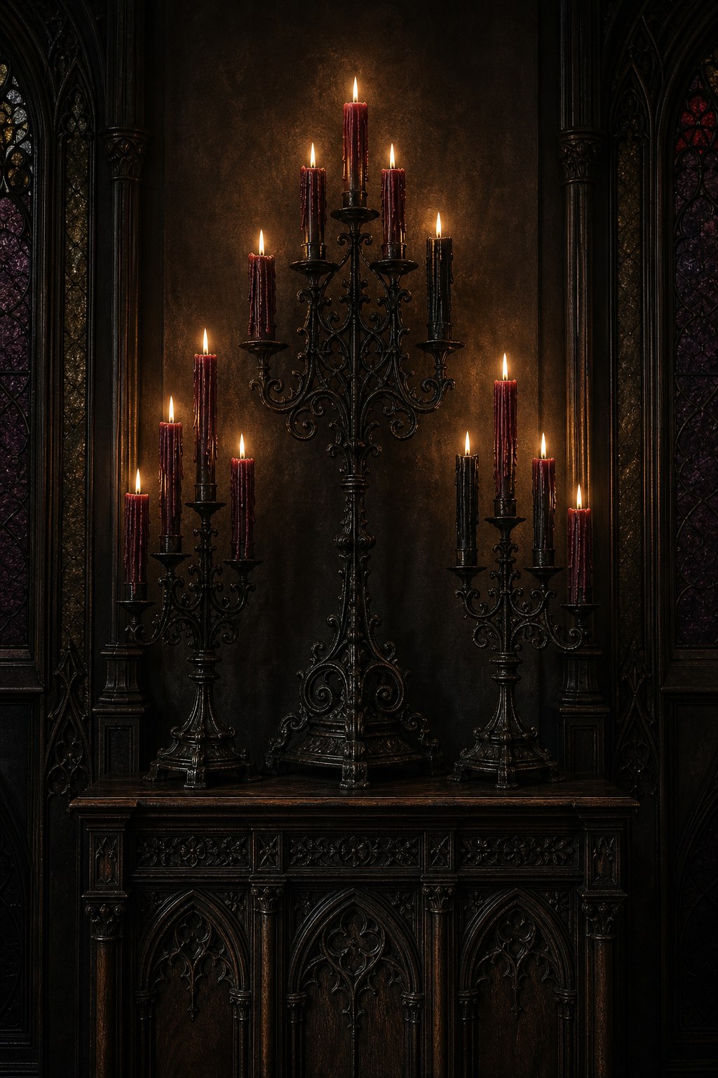 Gothic interior design wrought iron and candelabra: cluster of three black iron candelabras at varying heights on dark wood console, dripping taper candles in deep burgundy and black, warm amber candlelight casting dramatic shadows on dark wall