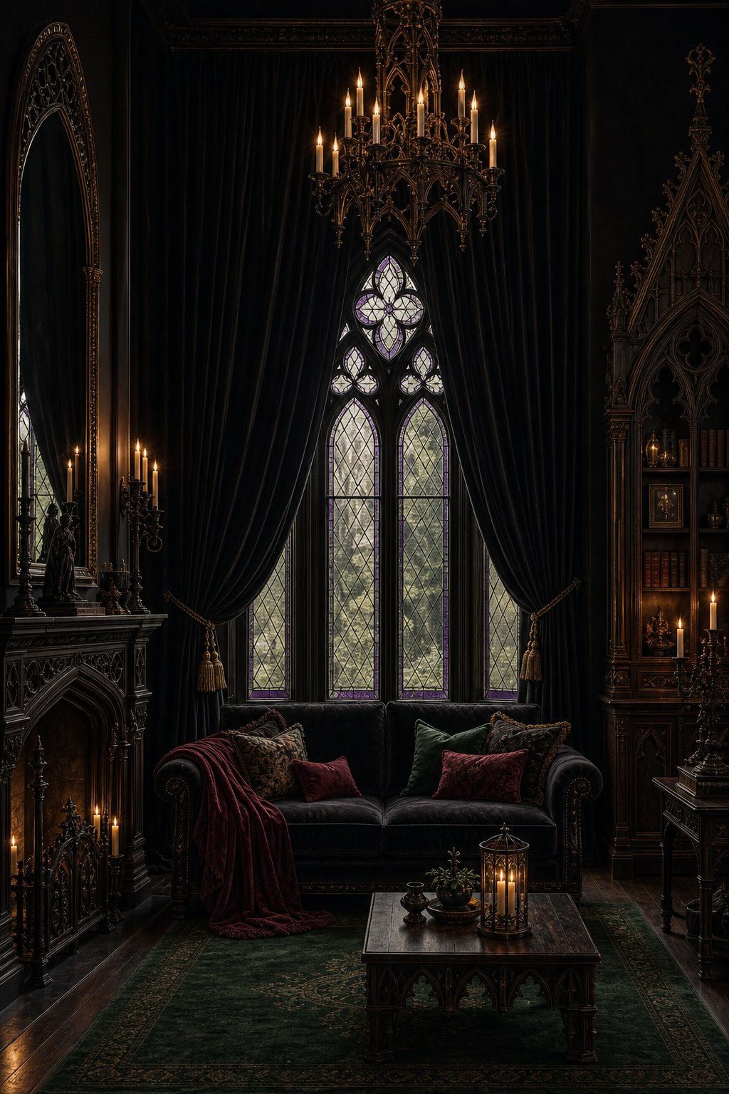 Gothic interior design velvet draping: floor-to-ceiling black velvet blackout curtains at tall window, deep burgundy velvet throw draped over dark sofa arm, forest green velvet area rug on dark hardwood floor, candlelight reflecting off pile surfaces