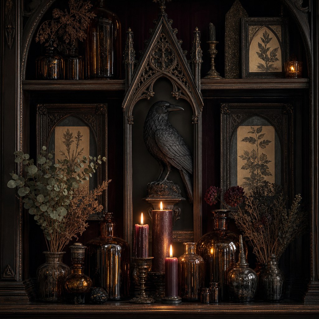 Gothic interior design curio curiosities: dark wood shelving displaying raven figurine in matte black, antique botanical prints in aged black frames, dried eucalyptus and dark dried botanical arrangement, dark amber apothecary glass vessels clustered with warm candlelight