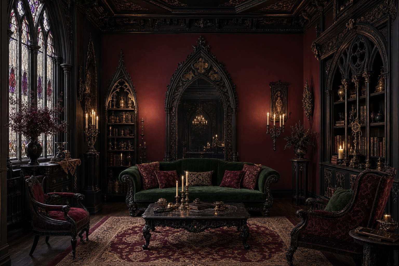 Gothic interior design living room with deep burgundy and matte black walls, arched mirror in ornate dark iron frame, velvet sofa in deep forest green, candelabra cluster with taper candles, and gold accents on dark wood shelving