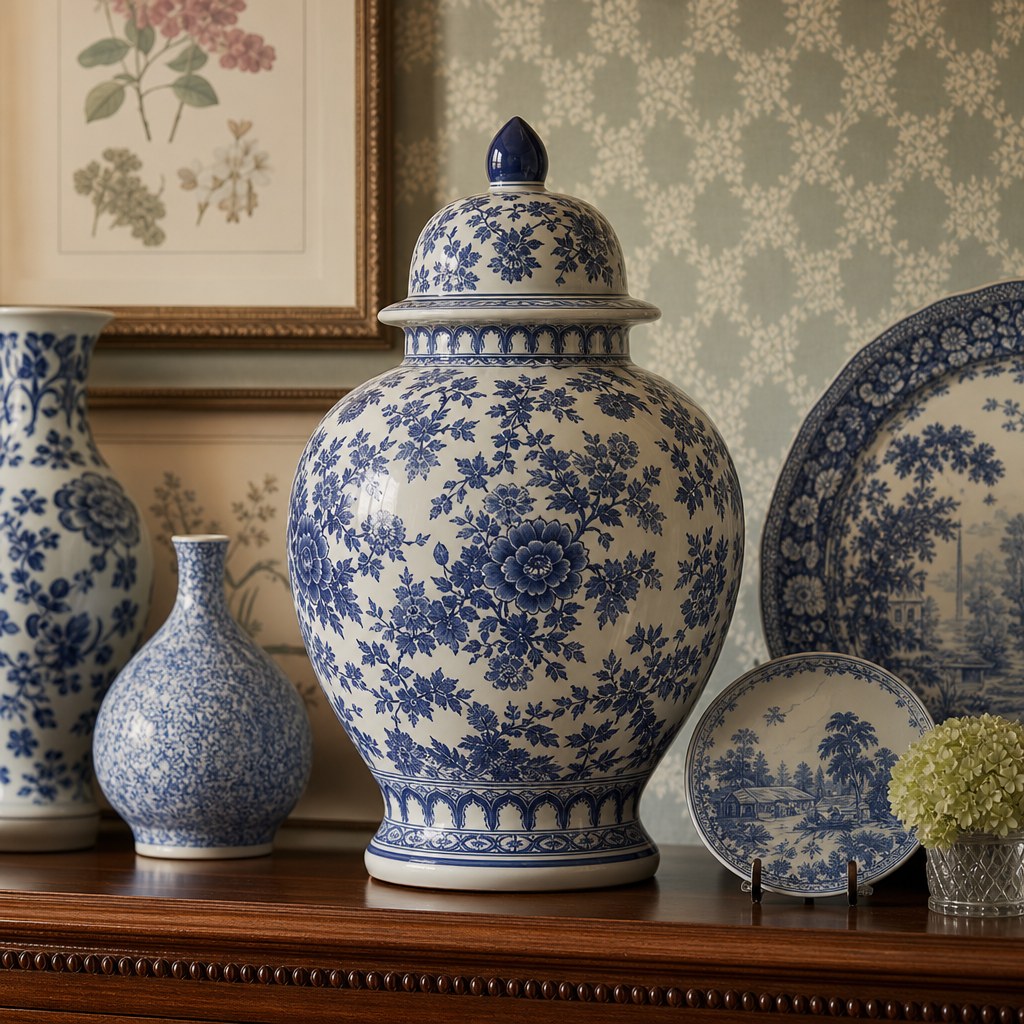 Grandmillennial blue-and-white display: ginger jar, Delft vases, transferware plates, and botanical print on a shelf with warm wood tones