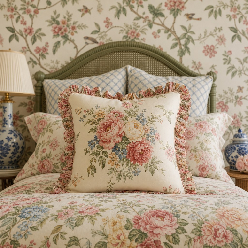 Grandmillennial floral textile layer - chintz pillow covers, ruffled cushion, and floral duvet with botanical wallpaper accent